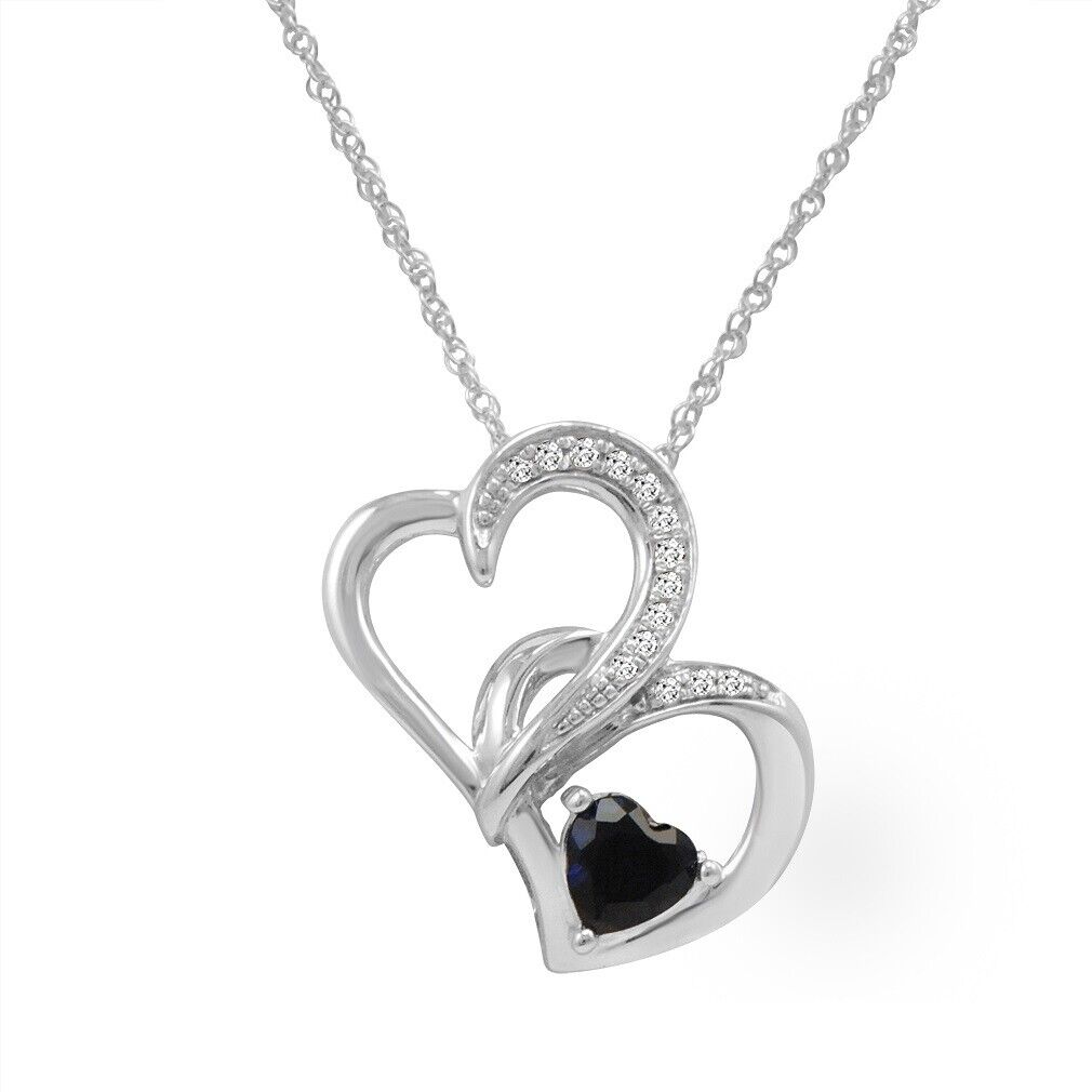 Blue Sapphire &amp; Diamond Heart Pendant (.925 Sterling Silver)