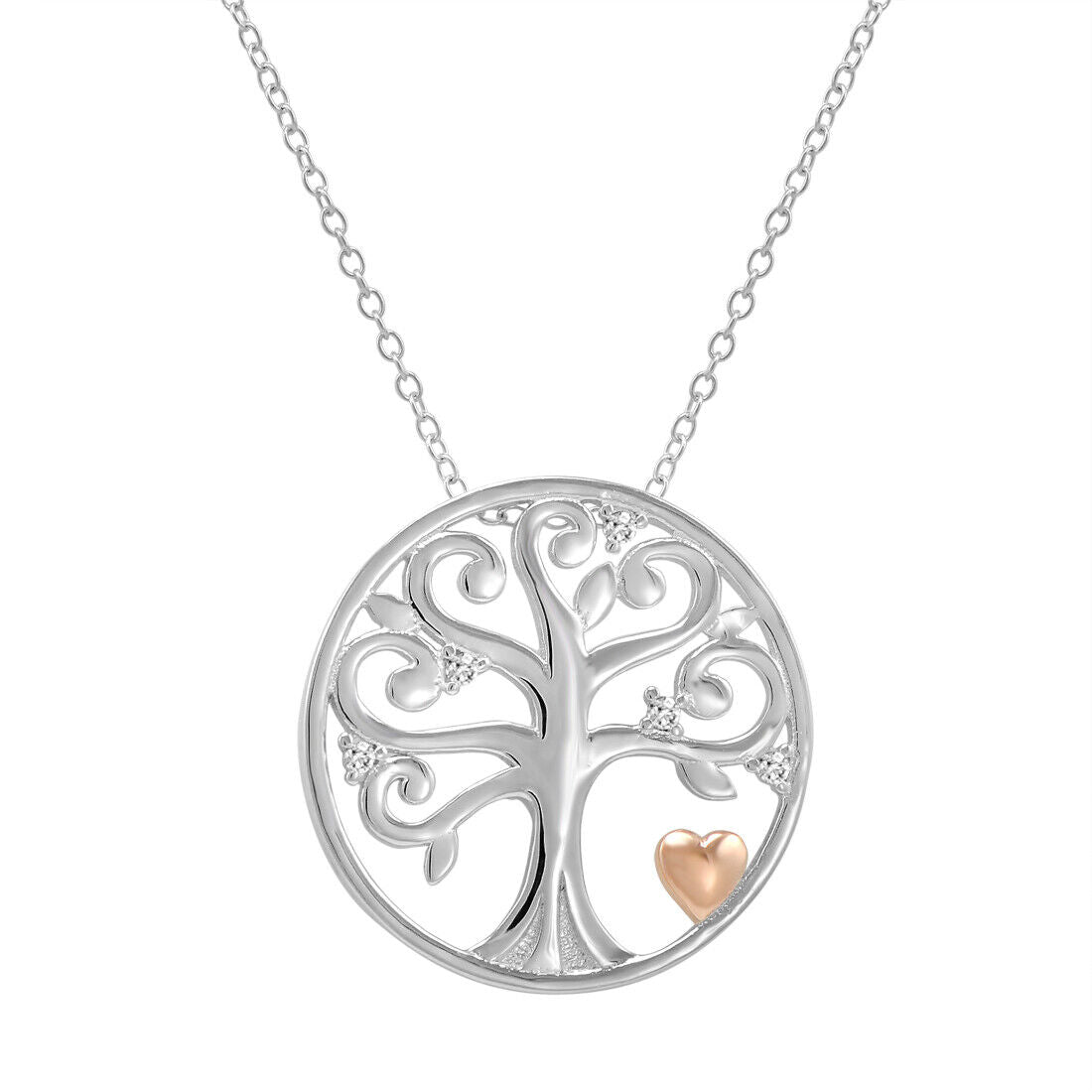 Diamond Tree of Life with Gold Plated Heart (0.925 Sterling Silver)