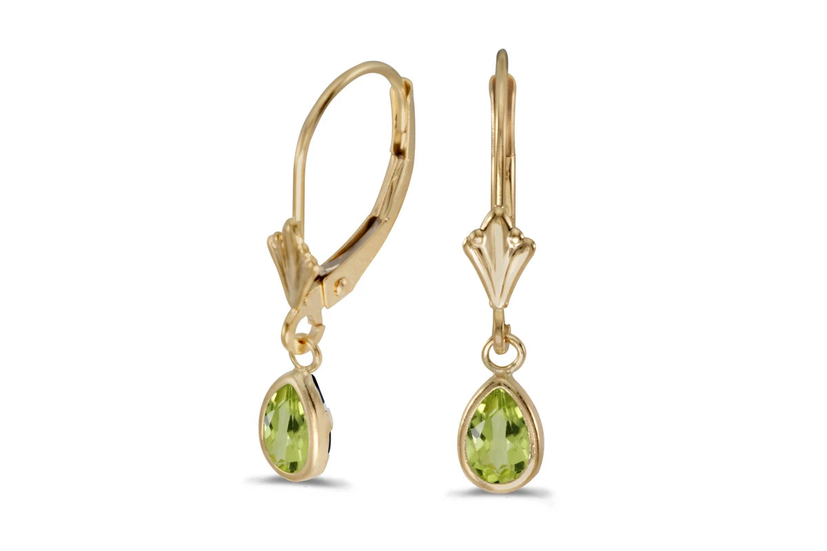 14k Yellow Gold Pear Peridot Bezel Lever-back Earrings